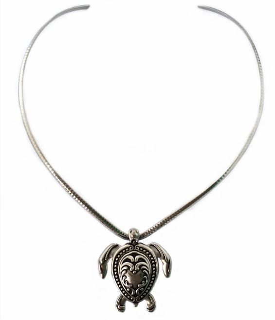 Turtle Pendant Cuff Necklace & Matching Earrings With Ribbed V-Necklace Stainless Steel