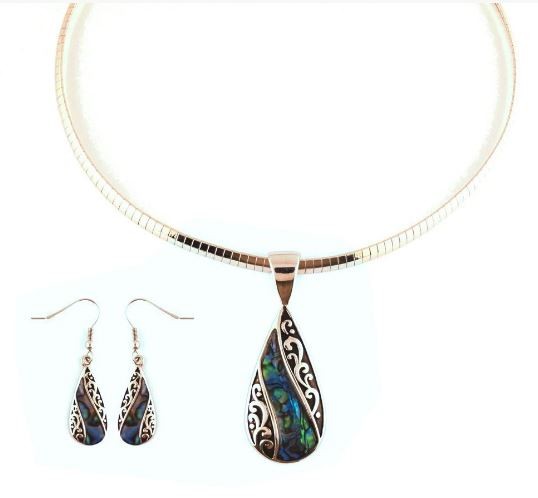 Abalone Teardrop Pendant & Matching Earrings With Omega 19