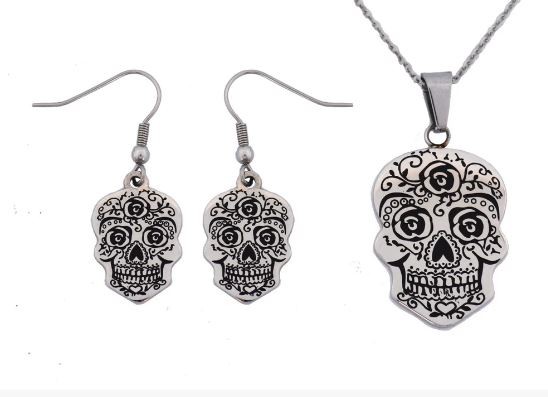 Sugar Skull Pendant Matching Earrings With Omega Necklace Stainless Steel Jewelry