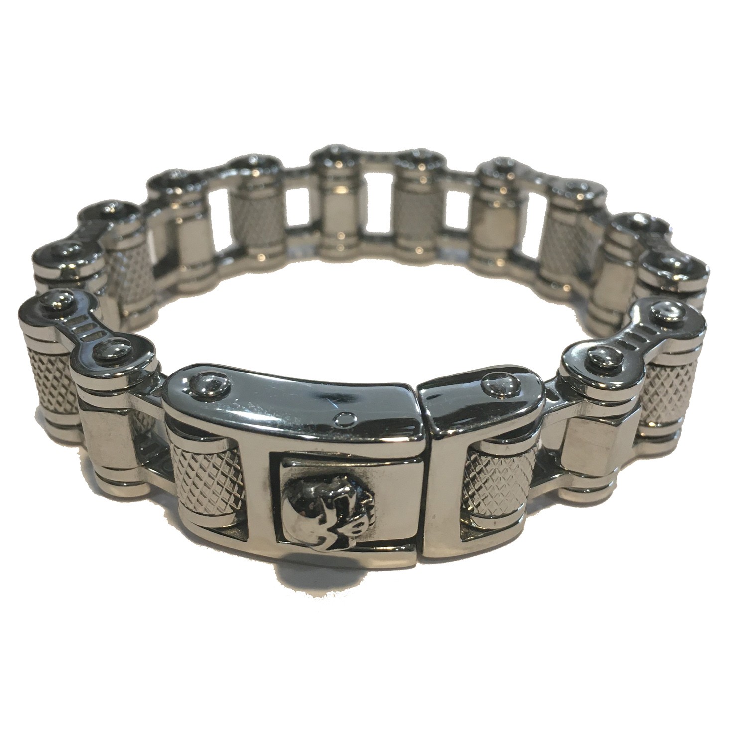 NUT & BRUSHED MENS SHINY SILVER BRACELET WITH SKULL CLASP STAINLESS STEEL 9 1/4