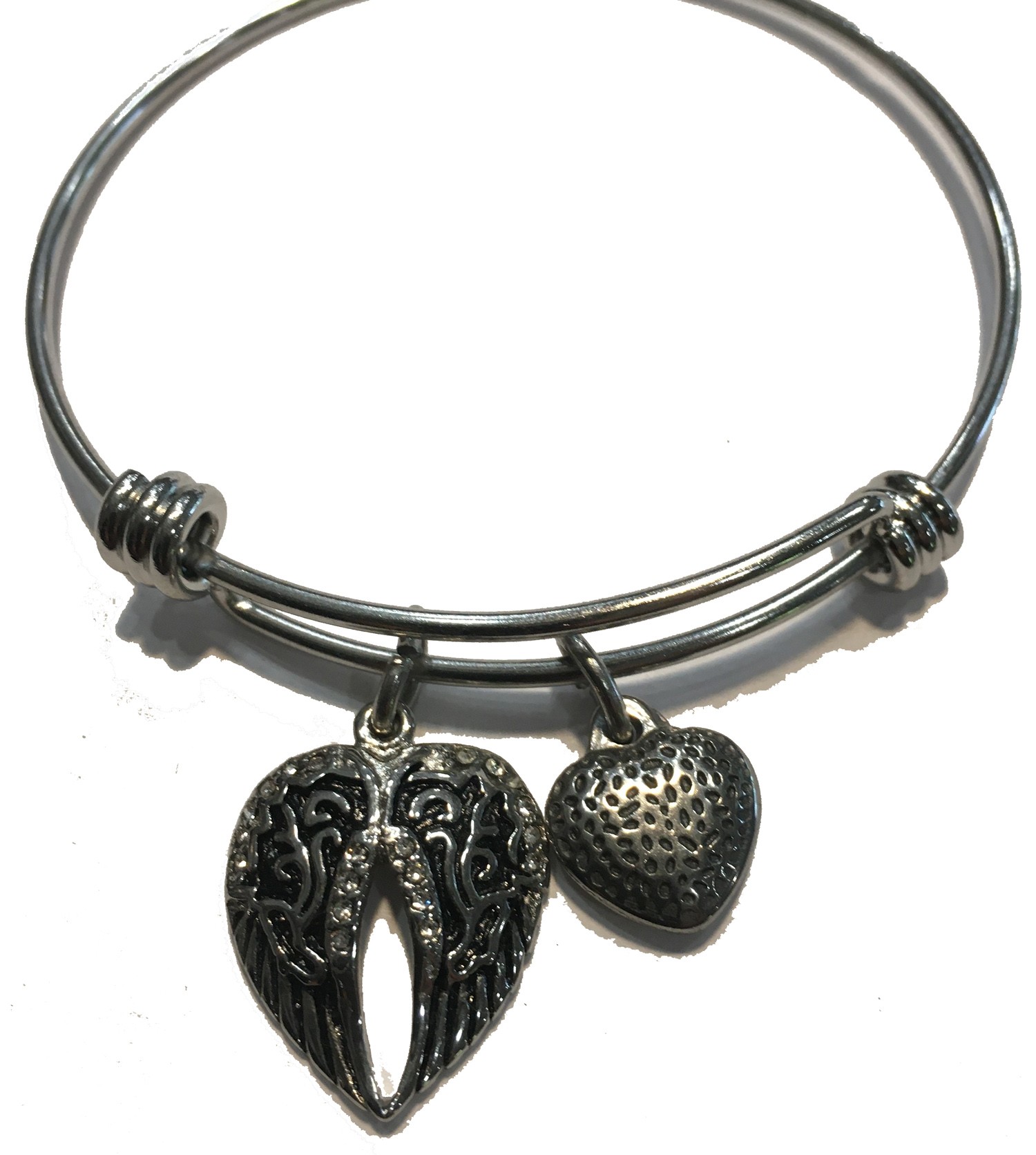 ALEX & ANI STYLE BRACELET WITH DOUBLE ANTIQUE ANGEL WING WITH CLEAR CRYSTALS STAINLESS STEEL