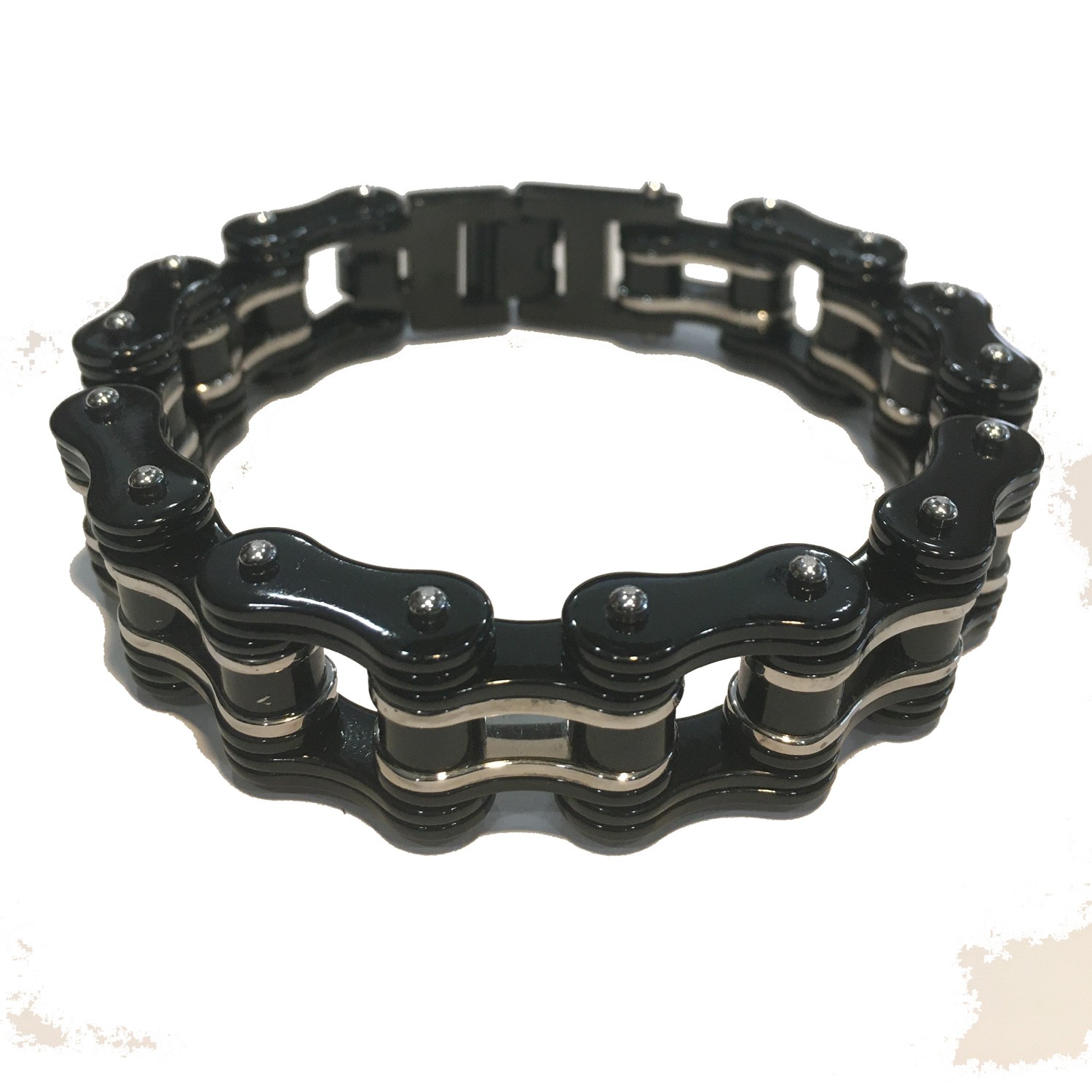 SHINY BLACK & SILVER MENS MOTORCYCLE CHAIN BRACELET STAINLESS STEEL 9