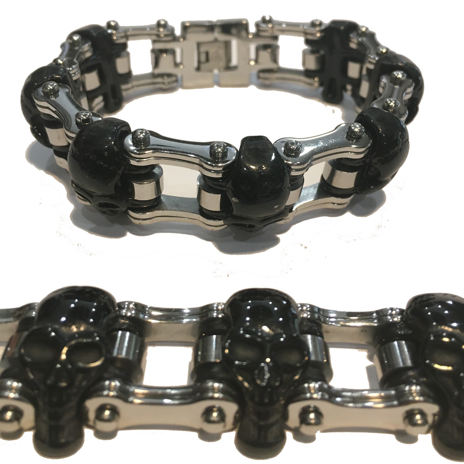 SHINY SILVER WITH 7 BLACK SKULLS MENS MOTORCYCLE CHAIN BRACELET STAINLESS STEEL 8-3/4