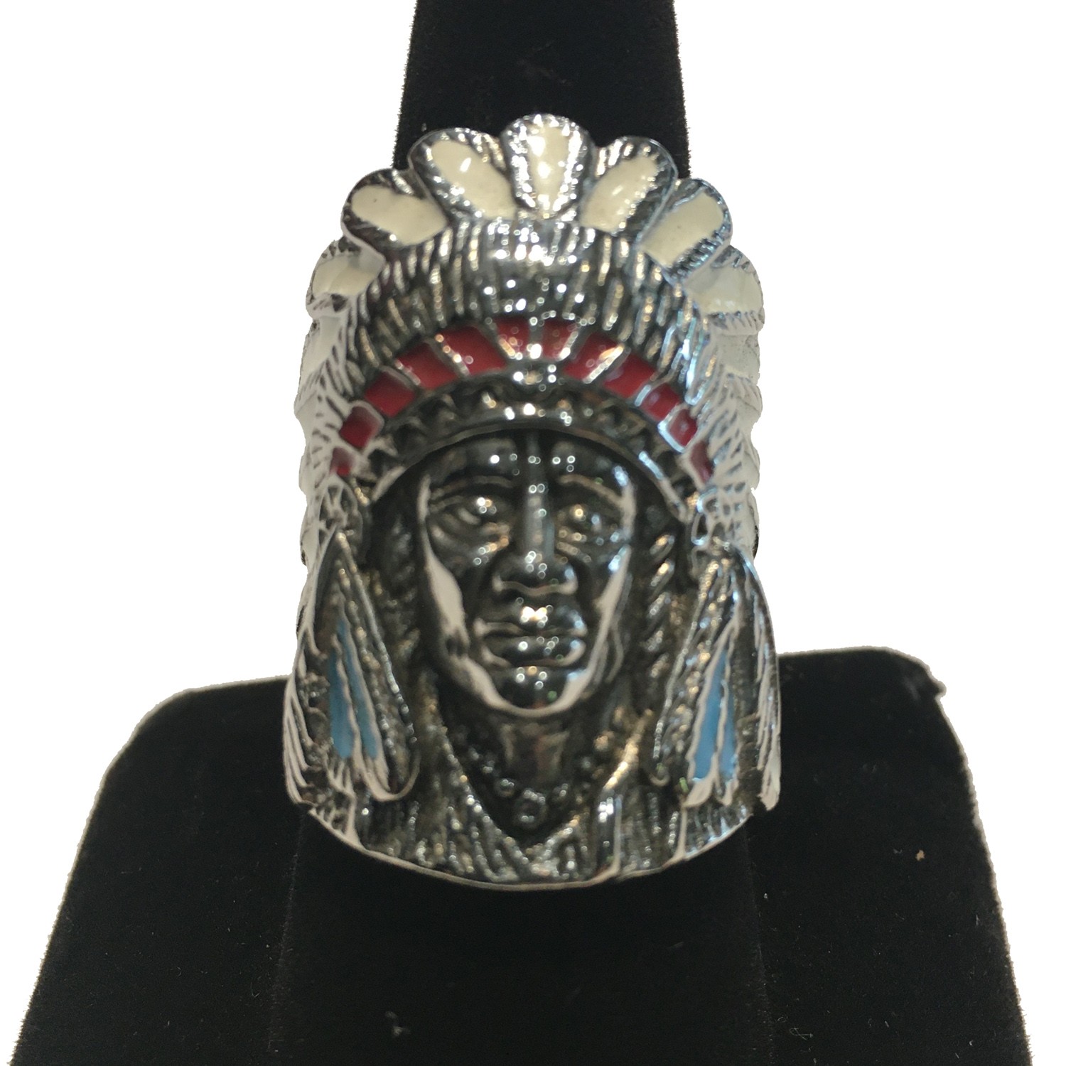 PAINTED INDIAN HEAD MENS RING STAINLESS STEEL