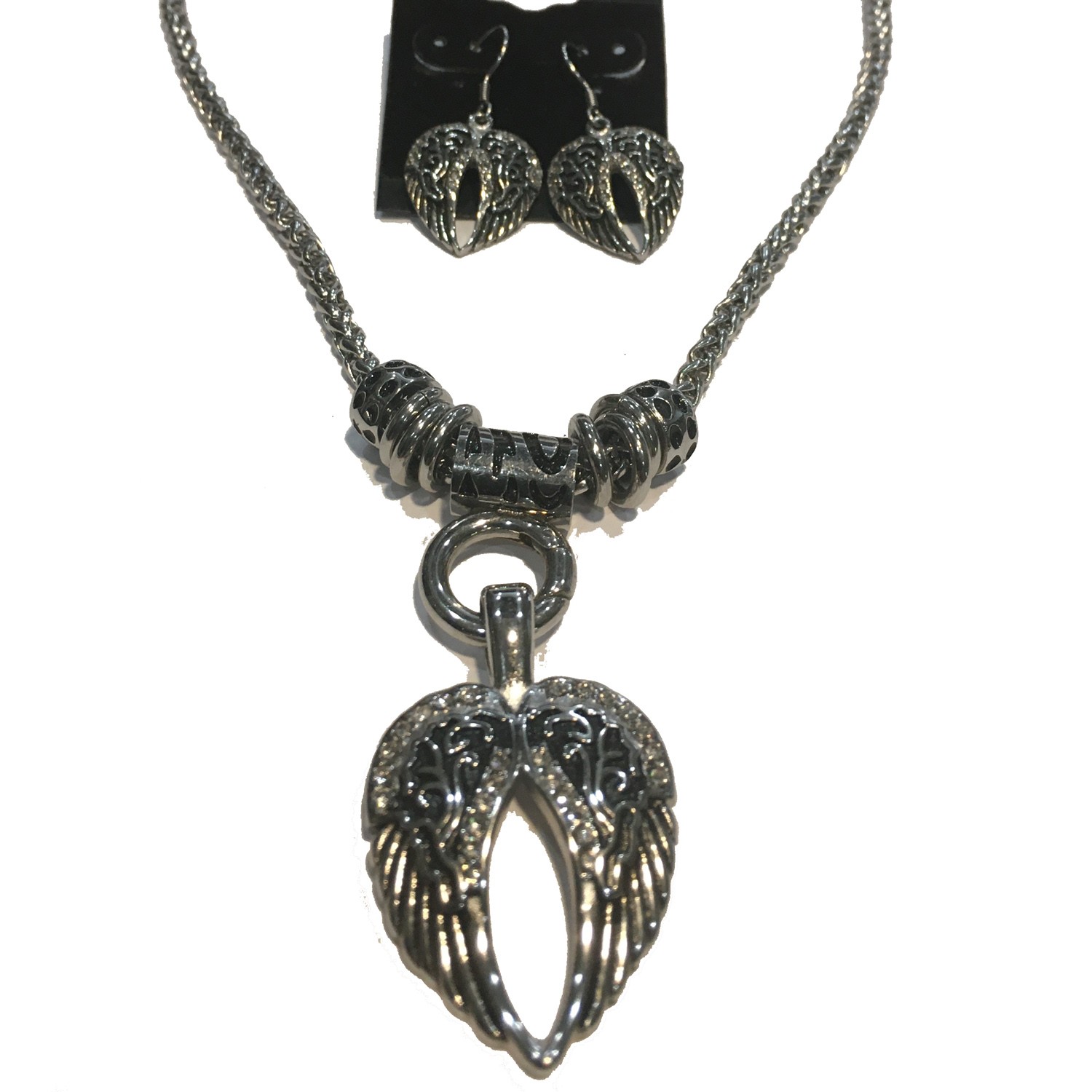 ANGEL WING DOUBLE WITH OUTLINE OF CLEAR CRYSTALS PENDANT ON WHEAT CHAIN WITH EMBELLISHMENTS AND MATCHING EARRINGS STAINLESS STEEL